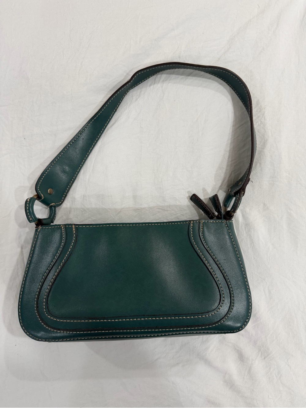 Emerald Leather Shoulder Bag with Curved Stitch Detailing